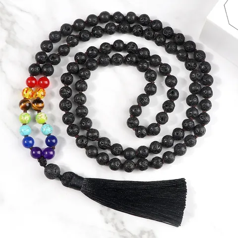 Collana da Maglione Bohemian in Materiali Misti Perline Con Ciondolo a Tassel Lungo Perle di Pietra Energetica Chakra Colorate Collana Multistrato Unisex