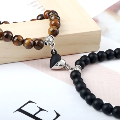Magnetic Heart Couple Bracelet Set Natural Stone Beads Lava Tiger Eye Agate Stretch Bracelet For Lovers Niche Design Jewelry