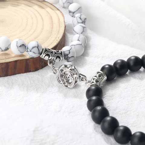 Magnetic Couple Bracelet Set Floral Alloy Clasp Heart Matching Imitation Tiger Eye Lava Stone Bead Jewelry For Lovers
