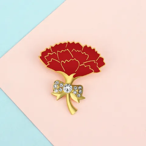 Fashion Commute Alloy Rhinestone Carnation Brooch Gold Plated Red Enamel Flower Pin With Bowknot Decoration For Suit Women Jewelry Gift