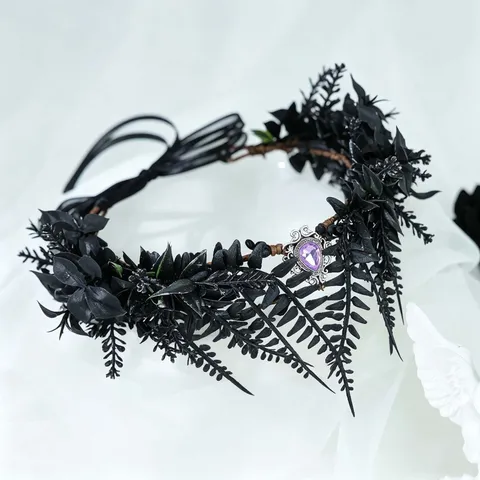 Gothic Black Wreath Headband With Purple Rhinestone Droplet Halloween Witch Party Dress Up Costume Accessories Hair Garland Headwear