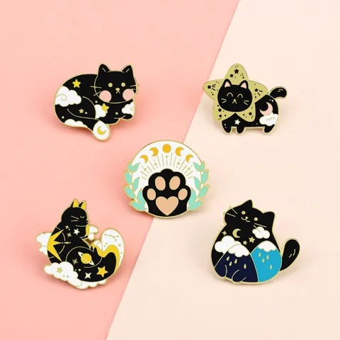 Black Cat Enamel Pins Moon Star Celestial Alloy Brooches Halloween Cartoon Lapel Badges For Women Men Clothing Decor