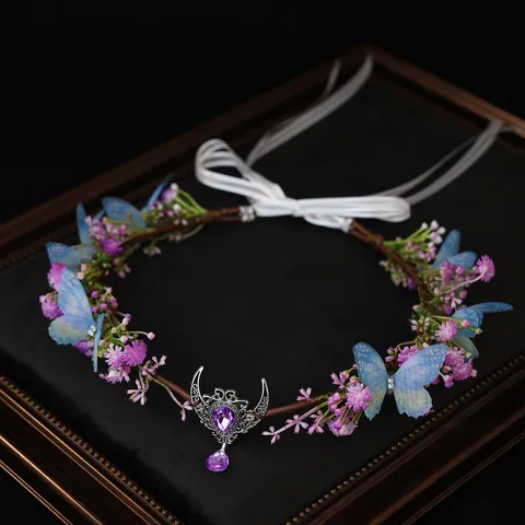 Elf Floral Headband Forest Wreath Purple Rhinestone Forehead Jewelry For Wedding Party Photography Women Hair Accessory