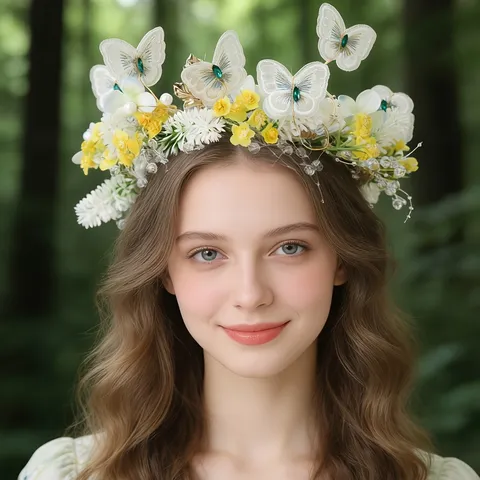 Diadema de Hada Elfa con Mariposa Bordada y Flores Hecha a Mano Guirnalda Floral Estilo Bosque Tocado Etéreo con Strass y Perlas para Boda Mujer