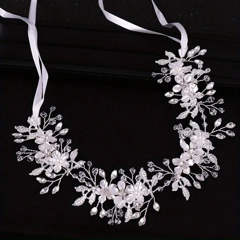 Diadema de Novia Hecha a Mano con Flores y Hojas Aleación Strass Perla Artificial Accesorio para el Cabello para Mujeres