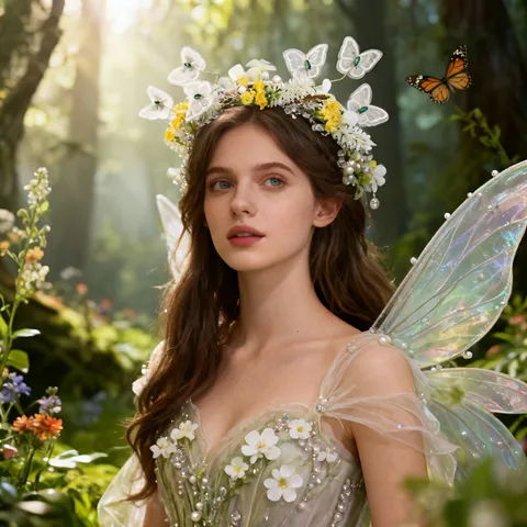 Diadema de Hada Elfa con Mariposa Bordada y Flores Hecha a Mano Guirnalda Floral Estilo Bosque Tocado Etéreo con Strass y Perlas para Boda Mujer