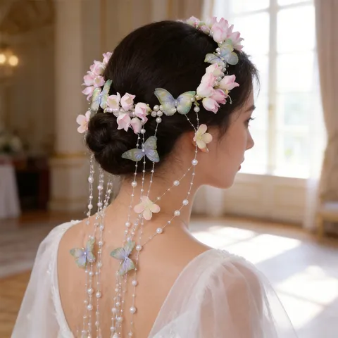 Handmade Butterfly Wreath Headband With Artificial Pearls And Tassels Romantic Floral Bridal Hair Accessories For Wedding Party Women