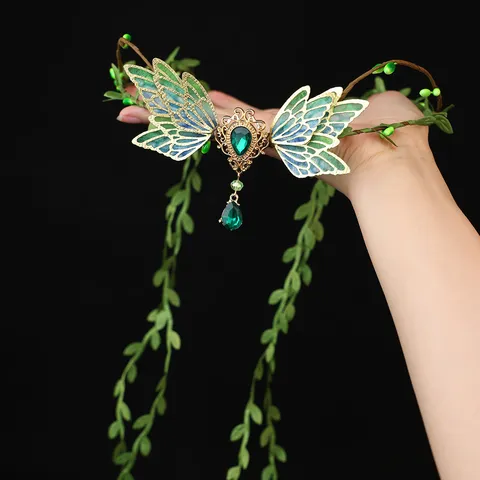 Wald Elfen Stil Strass Blatt Krone Stirnband Lang Quaste Stirn Anhänger Haarband Bohemian Hochzeit Party Damen Haarschmuck