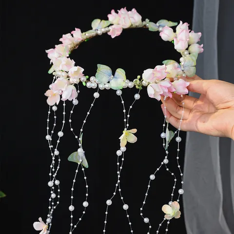 Handmade Butterfly Wreath Headband With Artificial Pearls And Tassels Romantic Floral Bridal Hair Accessories For Wedding Party Women