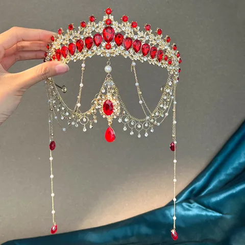 Serre-tête Couronne en Alliage Strass Exotique Avec Pendentif Pompon Perle Artificielle Chaîne de Front Mariage Mariée pour Femmes Princesse Anniversaire Fête Bijoux Accessoires