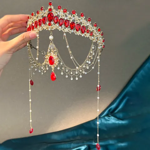 Serre-tête Couronne en Alliage Strass Exotique Avec Pendentif Pompon Perle Artificielle Chaîne de Front Mariage Mariée pour Femmes Princesse Anniversaire Fête Bijoux Accessoires