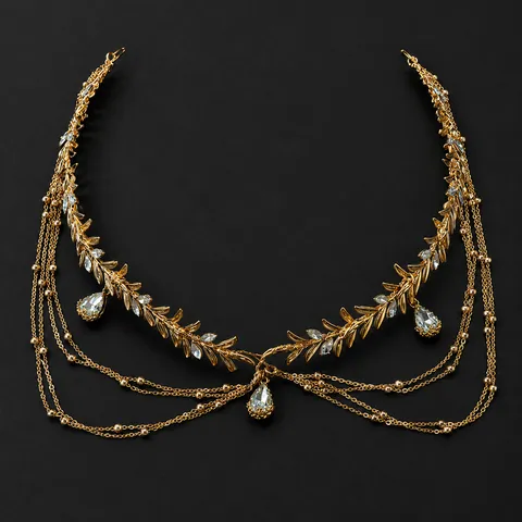 Serre-Tête en Alliage de Feuille d'Olivier Grecque et Strass Exotique Vintage Or Chaîne de Front à Franges Bandeau Cheveux pour Femme Fête