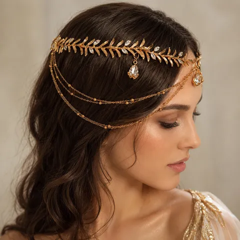 Serre-Tête en Alliage de Feuille d'Olivier Grecque et Strass Exotique Vintage Or Chaîne de Front à Franges Bandeau Cheveux pour Femme Fête