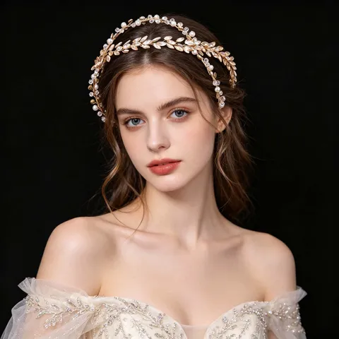 Handmade Bridal Headband Gold Iron Wire Artificial Pearl Rhinestone Double Layer Cross Wavy Leaf Hair Band Hair Hoop Accessories For Wedding Party Women Jewelry