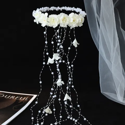 Handmade Artificial Pearl Floral Hair Wreath Western Style Forest Bridal Headband Long Tassel Flower Hairband Bridal Wedding Accessories For Women