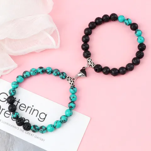 Fashion Commute Mixed Materials Beaded Bracelet Stainless Steel Magnetic Heart Clasp Matching Bracelets For Couples Friends Unisex Decorative Hand Jewelry Gift
