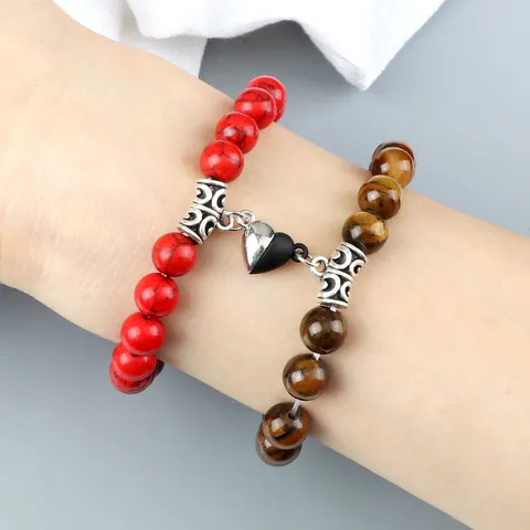 Fashion Commute Mixed Materials Beaded Bracelet Stainless Steel Magnetic Heart Clasp Matching Bracelets For Couples Friends Unisex Decorative Hand Jewelry Gift