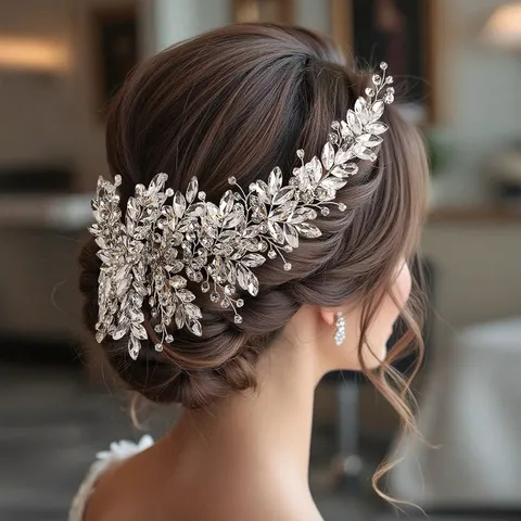 Serre-Tête de Mariée de Luxe en Alliage Strass Fait Main Ondulé Feuille Coiffure de Mariage Fête Banquet Accessori pour Cheveux pour Femmes Argent