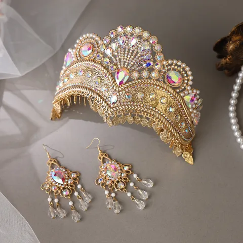 Parure Boucles Oreilles Gland Couronne Strass Alliage Zinc Exotique Vintage Accessoire Coiffure Couronne Sculptée Métallique Somptueuse Pour Danse Ethnique Femmes