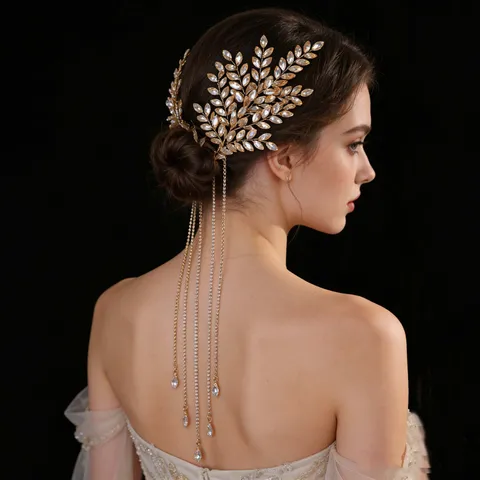 Diadema de Hojas de Strass Dorado Cadena de Cabello con Borla Larga Aleación Novia Vestido de Novia Corona Accesorios Elegantes Tocados Joyería para Mujer Fiesta
