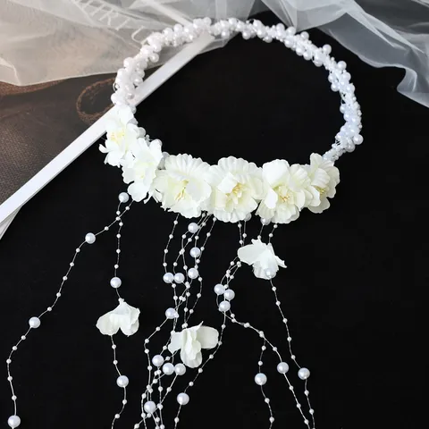 Handmade Artificial Pearl Floral Hair Wreath Western Style Forest Bridal Headband Long Tassel Flower Hairband Bridal Wedding Accessories For Women