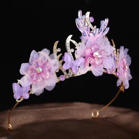 Handmade Mesh Flower Butterfly Crown Headband Glitter Rhinestone Antler Tiara Hair Accessories For Princess Birthday Party Gift Women Kids Jewelry