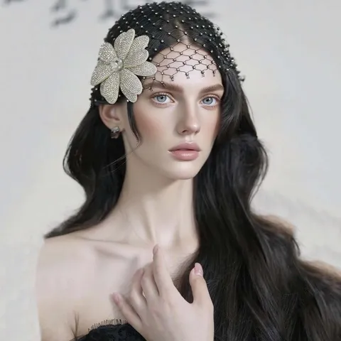 Cerchietto con Retina per Capelli e Fiore in Cristallo Artificiale Elegante Francese Lusso Velletta in Rete Orecchini da Sposa Matrimonio Donna