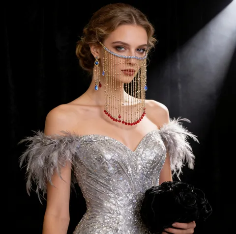 Exotic Alloy Tassel Face Chain Veil Luxury Rhinestone Artificial Pearl Beaded Mask Costume Jewelry For Women Carnival Party