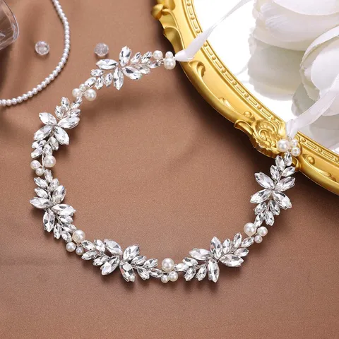 Luxurious Alloy Rhinestone Bridal Headband Elegant Leaf Shaped Artificial Pearl Wedding Hair Accessories Silk Satin Ribbon Tocado Women Jewelry