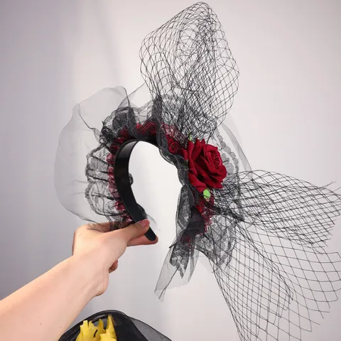 Retro Gothic Zwart Gaas Roos Haarband Voor Dames Halloween Party Heks Kostuum Accessoire Handgemaakte Bloemen Haarrand