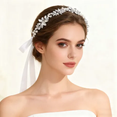 Luxurious Alloy Rhinestone Bridal Headband Elegant Leaf Shaped Artificial Pearl Wedding Hair Accessories Silk Satin Ribbon Tocado Women Jewelry