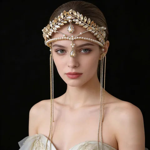 Magnífica Diadema de Novia de Aleación con Strass de Hoja Con Cadena de Frente de Borla Larga Oro Perla Artificial Corona de Novia para Accesorios de Vestido de Banquete de Boda