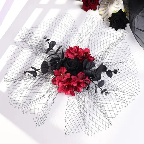 Pince à Cheveux Fascinateur Maille Fleur Rose Vintage Gothique Sombre Halloween Fête Cosplay Accessoire de Tête Performance Spectacle Femmes