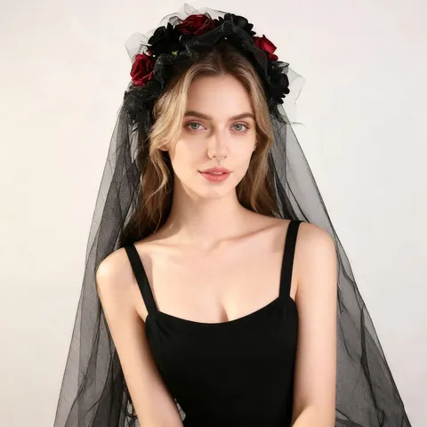 Gothic Black Rose Veil Headband Fabric Artificial Flower Tulle Veil Costume Headpiece For Halloween Party Photography Dress Up Decoration