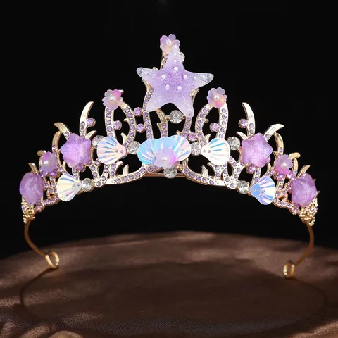 Handmade Starfish Seashell Flower Tiara Luxurious Alloy Rhinestone Crown For Wedding Birthday Party Princess Queen Headpiece Hair Accessories Jewelry