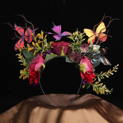 Serre-Tête Gothique Simulation Papillon Rose Fleur Forêt Magique Sombre Fête d'Halloween Cosplay Déguisement Accessoire Cheveux