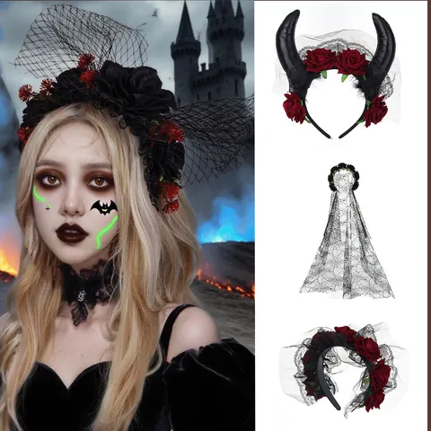 Gothic Halloween Headband Veil Black Lace Red Rose Witch Costume Party Accessories Dark Vintage Rose Garland Mask Choker Necklace Bracelet Set