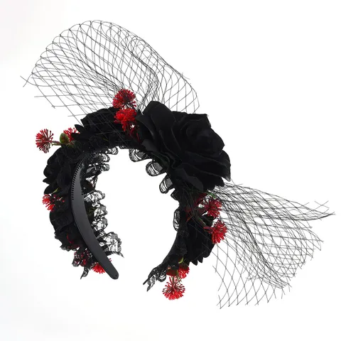 Gothic Halloween Headband Veil Black Lace Red Rose Witch Costume Party Accessories Dark Vintage Rose Garland Mask Choker Necklace Bracelet Set