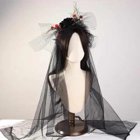 Diadema de Rosas Gótica de Halloween Con Velo de Encaje Negro Accesorios para el Cabello Cosplay Lolita Tocado de Corona de Bruja Oscura para Fiesta Mujer