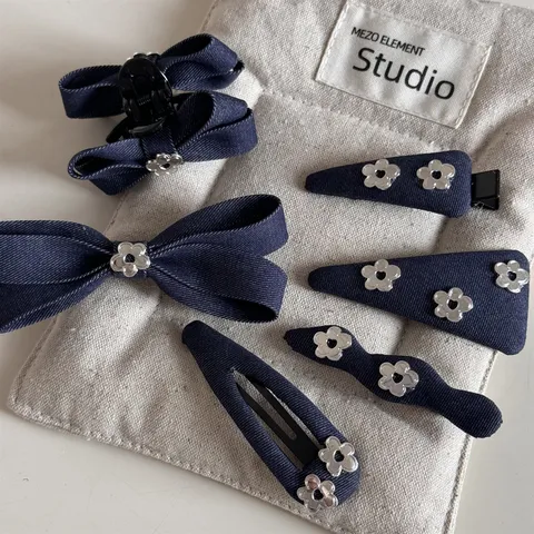 Denim Blue Cute Small Flower Bow Hairpin Alloy Duckbill Clip BB Clip Hair Styling Accessories For Women Daily Hairwear