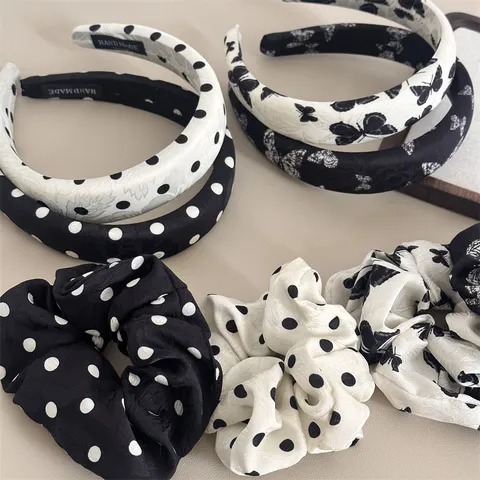 Korean Style High Crown Sponge Headband Spring Summer Fashion Black White Polka Dot Butterfly Print Wide Hair Accessories For Women