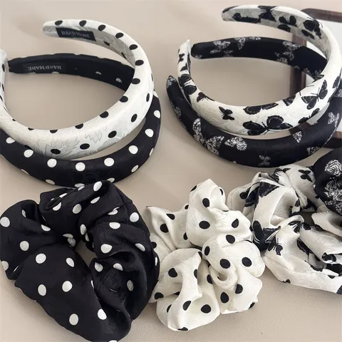 Korean Style High Crown Sponge Headband Spring Summer Fashion Black White Polka Dot Butterfly Print Wide Hair Accessories For Women
