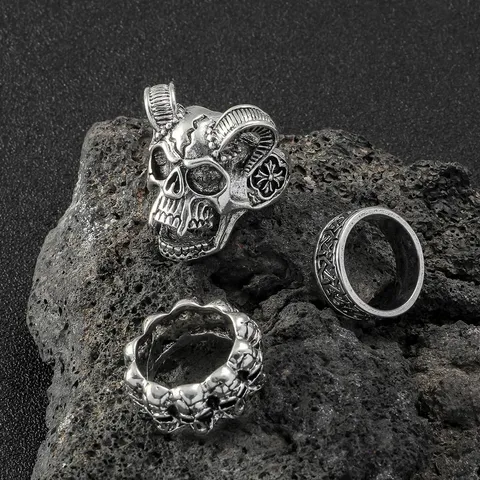 Punk Vintage Legierung Totenkopf Ringen Für Herren Altsilber Geometrisch Hip Hop Gotisch Bandring Set Halloween Schmuck Geschenk