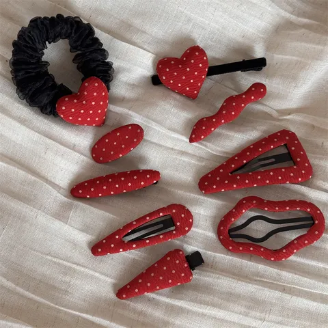 Sweet Korean Style Red Polka Dot Fabric Hair Clip Cute Heart Drop Hairpin Bow Hair Accessories For Women Daily Styling
