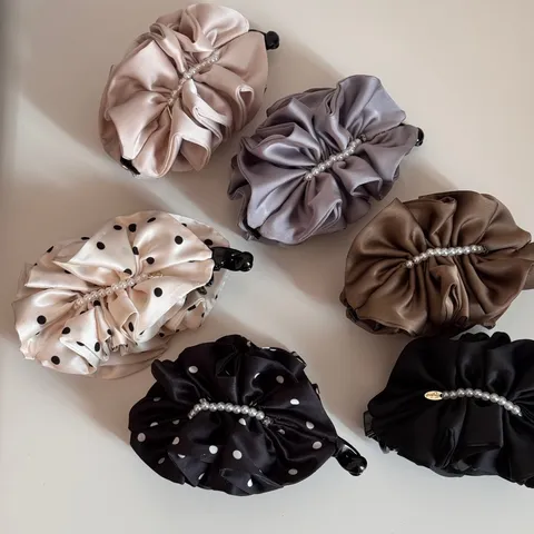 Korean Satin Pleated Polka Dot Banana Clip Large Hair Claw with Artificial Pearl Elegant Hair Accessories for Women