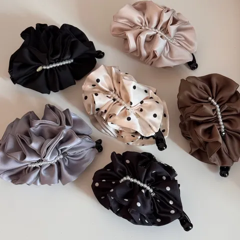 Korean Satin Pleated Polka Dot Banana Clip Large Hair Claw with Artificial Pearl Elegant Hair Accessories for Women