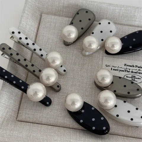Cute Black And White Polka Dot Pearl Duckbill Hair Clip Sweet Versatile Oval Hairpin Bangs Side Clip Hair Accessories For Women