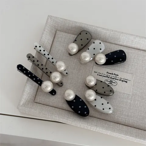 Cute Black And White Polka Dot Pearl Duckbill Hair Clip Sweet Versatile Oval Hairpin Bangs Side Clip Hair Accessories For Women