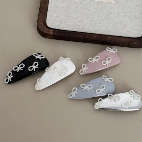Sweet Ballet Style Leather Pearl Bow Hair Clip For Women Elegant Side Bangs Hairpin Cute Hair Accessories