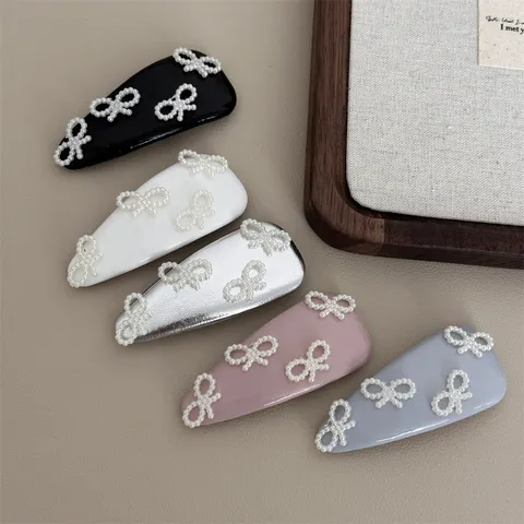 Sweet Ballet Style Leather Pearl Bow Hair Clip For Women Elegant Side Bangs Hairpin Cute Hair Accessories